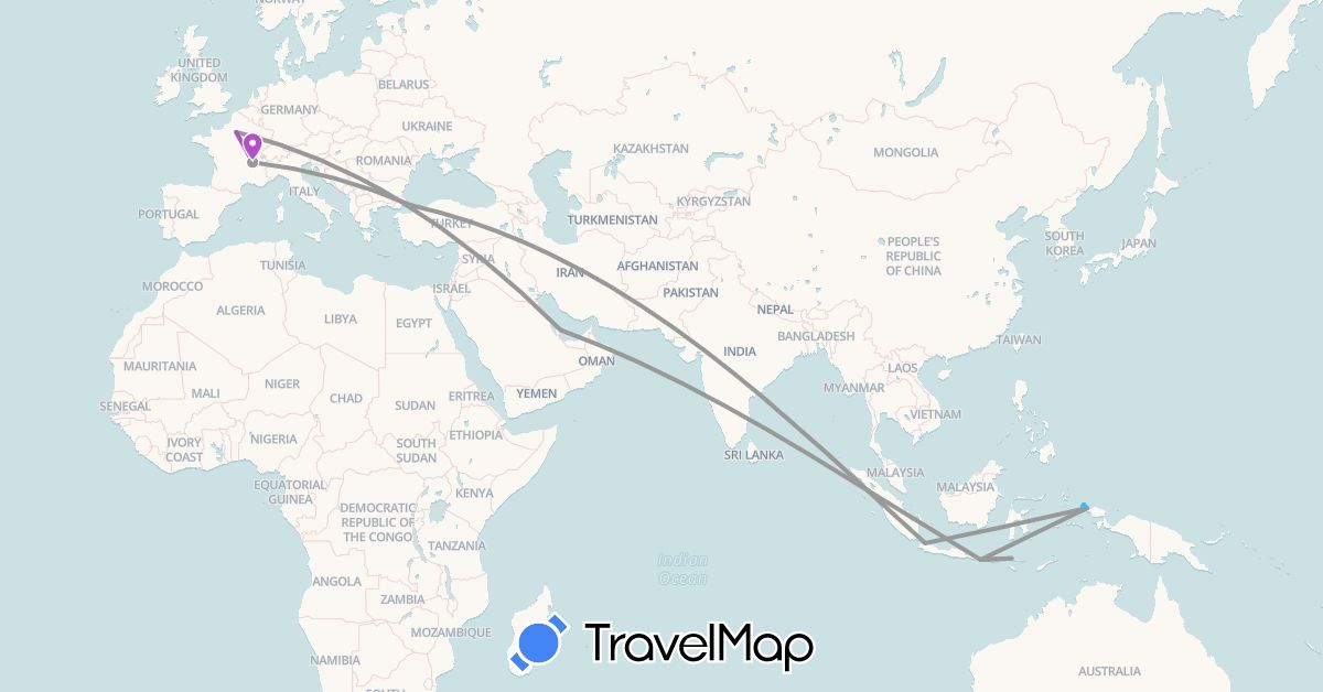 TravelMap itinerary: driving, plane, train, boat in France, Indonesia, Qatar, Turkey (Asia, Europe)